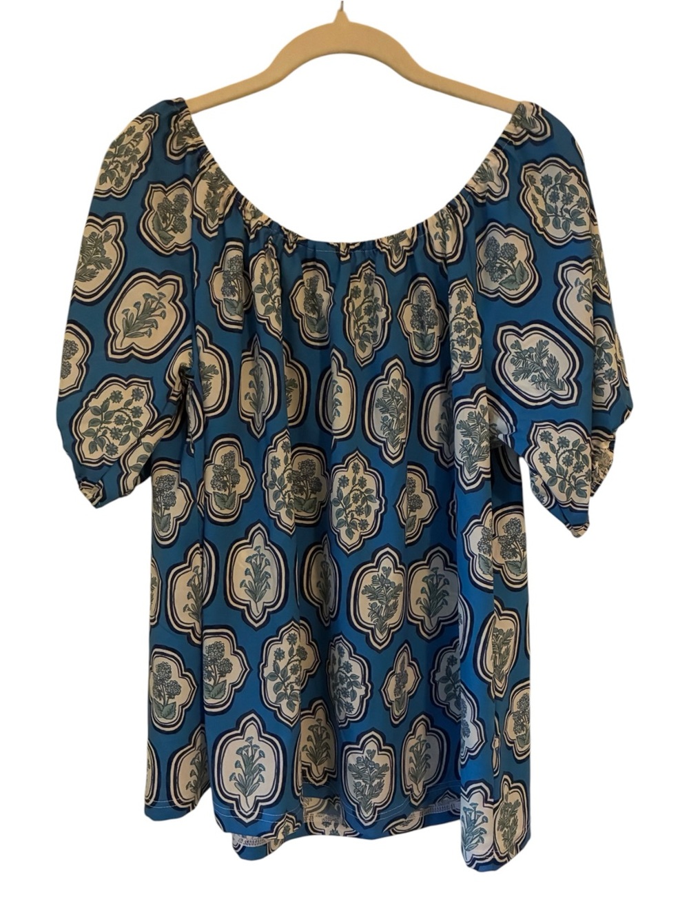 Monsoon Whitney Boho Printed Top Blue Geometric Blouse Sz L LENZING ECOVERO - Picture 3 of 5